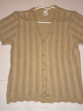 Vintage %100 cotton Beige Knit Short-Sleeve Button Cardigan